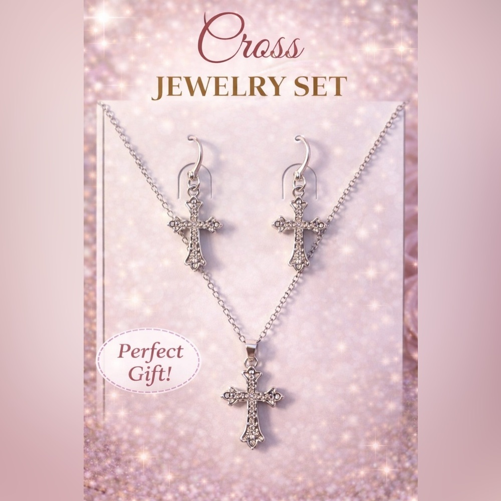 Cross Jewelry Set Necklace and Earrings - Silver